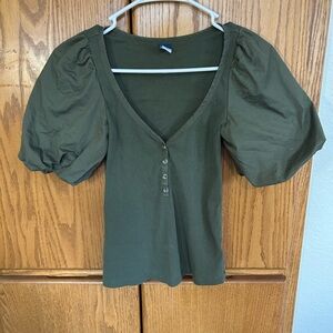 Old Navy Green Blouse with Fitted Style and Short Puff Sleeves